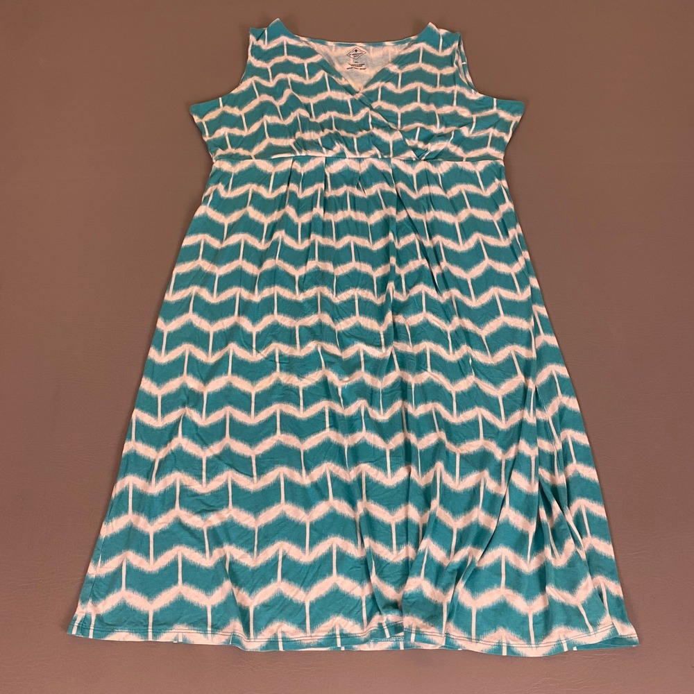 St. Johns Bay Dress Women's XL Teal White Chevron Ikat Sleeveless Empire Waist